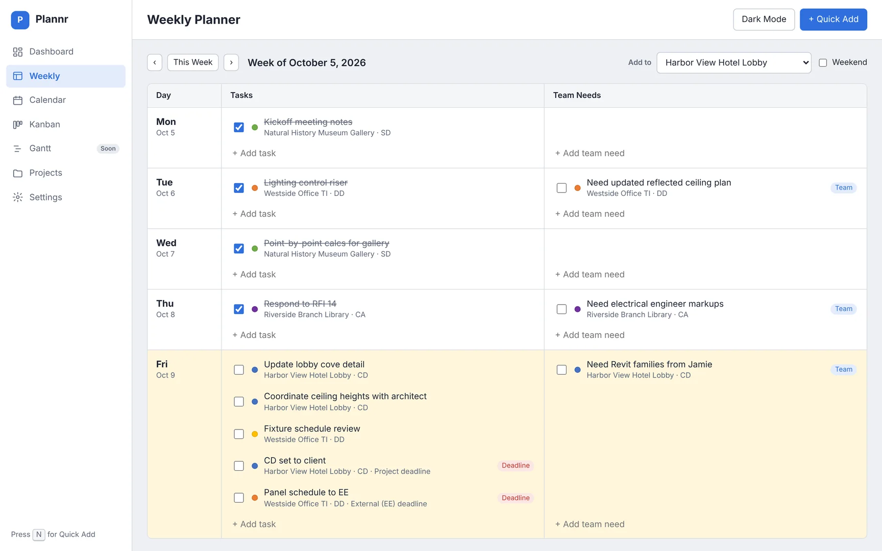 Weekly Planner with a Tasks column and a Team Needs column for each day, light mode